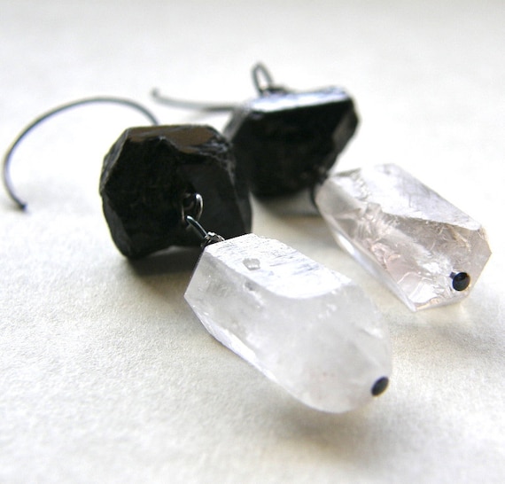 Quartz Drop Earrings, Rough Cut Black Tourmaline and Crystal Quartz Earrings, Black and White Drop Earrings
