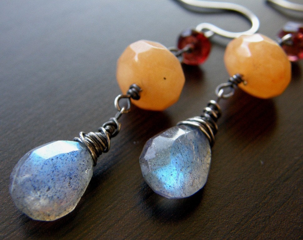 Labradorite, Garnet and Peach Aventurine Earrings