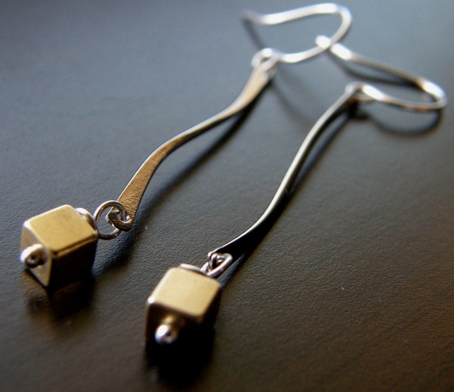 Silver and Brass Cube Earrings, Mixed Metals Earrings, Minimalist Earrings