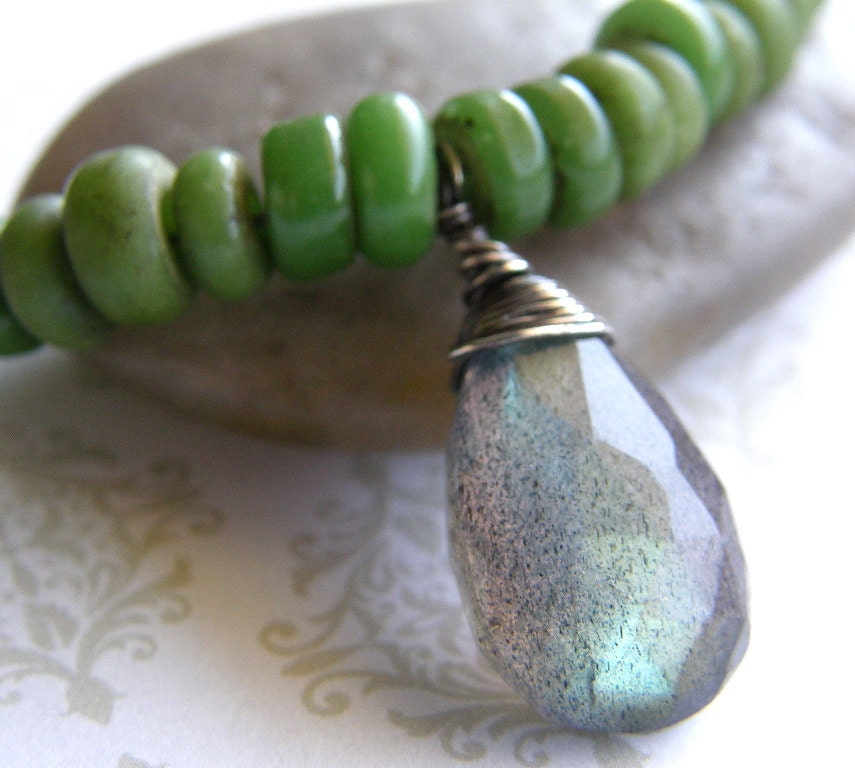 Labradorite and Green Indonesian Glass Beads, Handmade Glass Bead Necklace, Stone Pendant Necklace, Boho Jewelry
