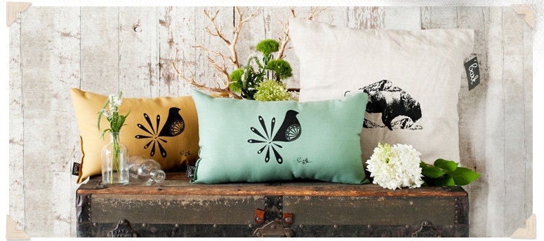 Mod Bird Hand Printed Pillow - in Patina - by Bark Decor - As seen on ABC's Better With You