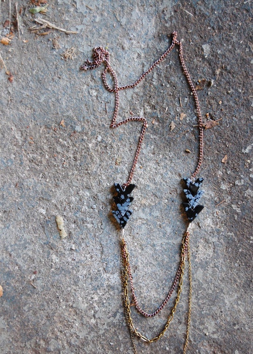 Arrow Necklace - Snowflake Obsidian - Arrow Chevron statement necklace geometric triangle - by Bark Decor