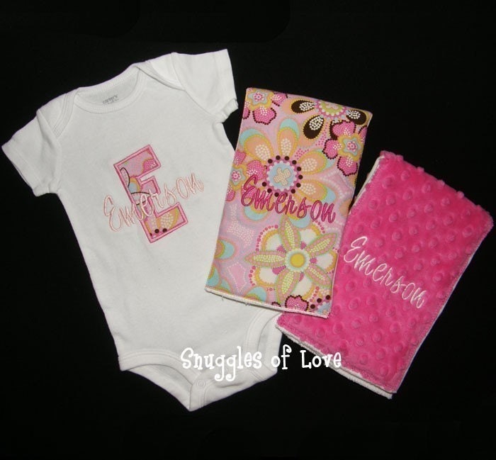 Personalized Baby Bodysuit with Appliqued Initial, Embroidered Name AND Matching Burp Cloths, Custom