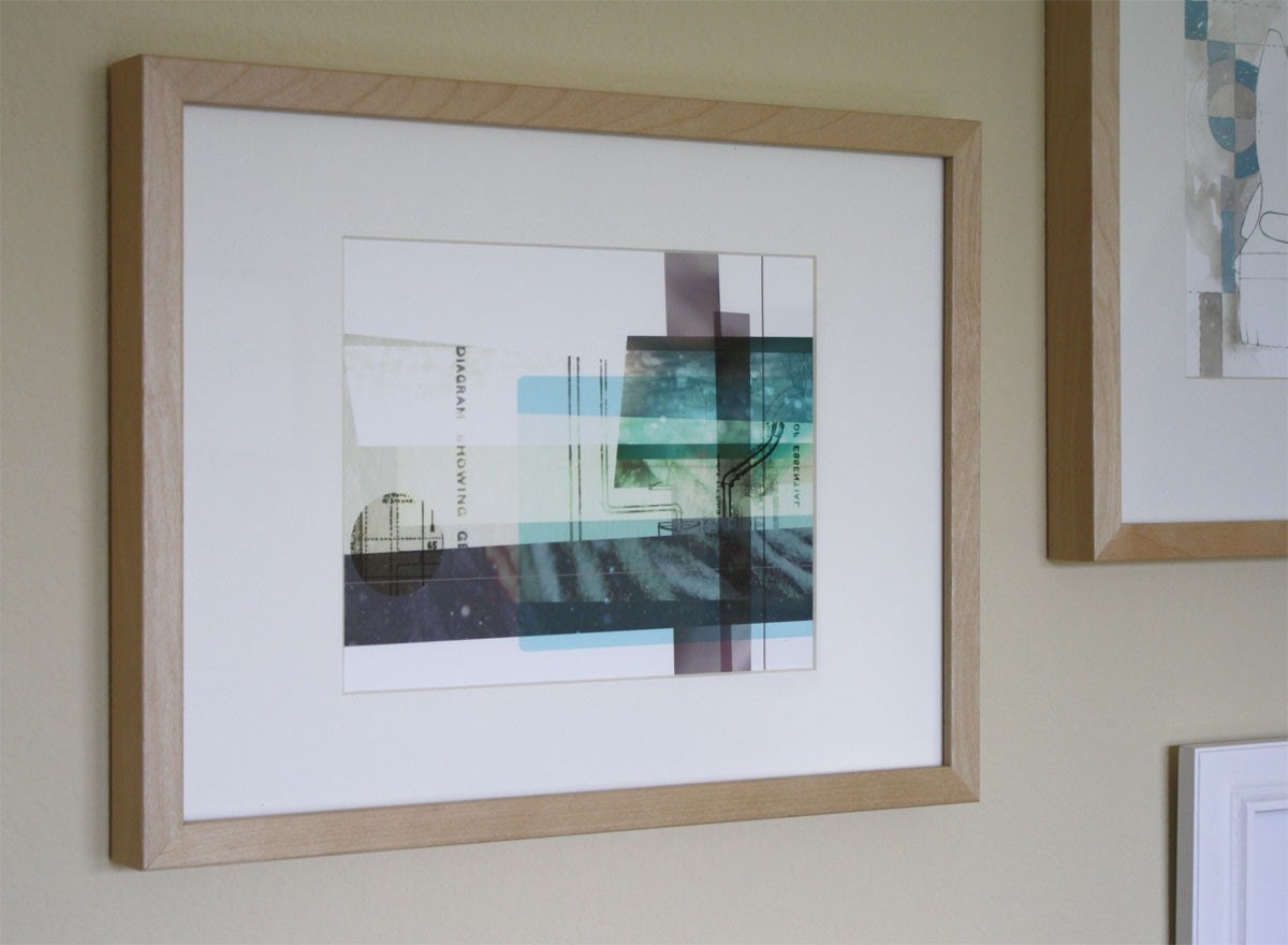 Abstract fine art digital collage: Distant 2 - archival print of aqua, beige, and mauve transparent layered digital collage