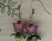 50% off SALE- Antique Brass Plum Lucite Rose & Swarovski Austrian Crystal Lovely Lucite Flower Earrings