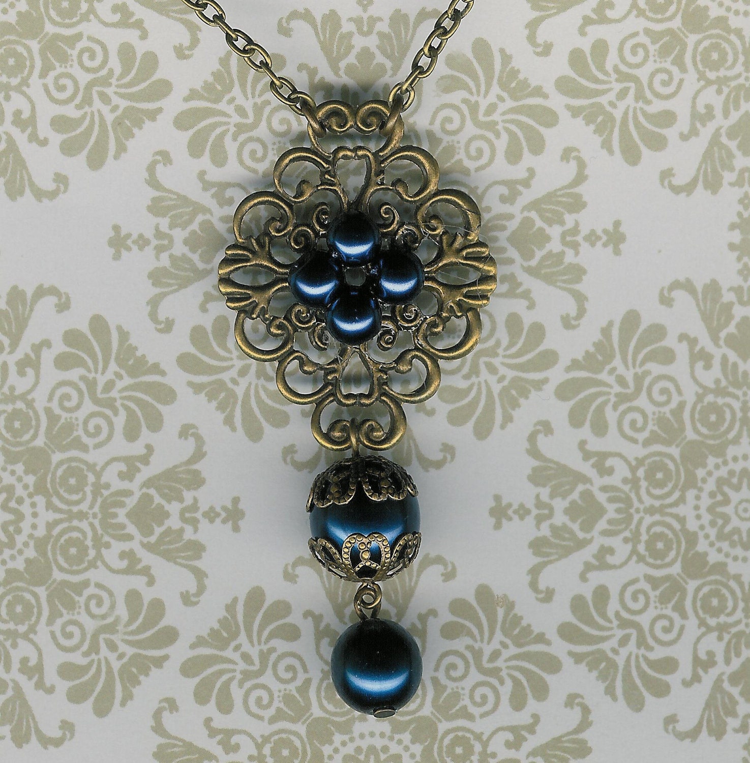 50% Off SALE-A La' Fanciful Filigree Antique Brass and Montana Blue Pearl Necklace