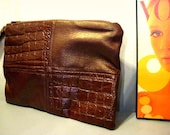 Brown Clutch in Patchwork, Caramel Faux Crocodile and Nylon Wristlet Purse