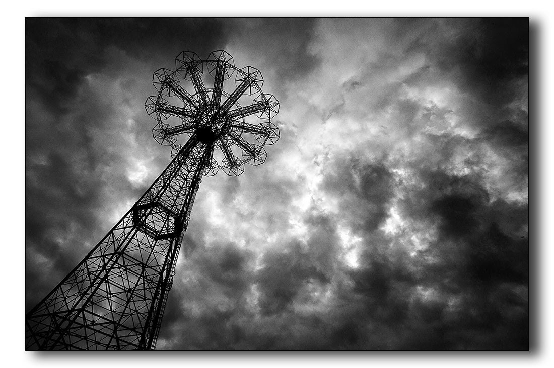 Coney Island Parachute Jump Fine Art Photography - Black and White, Ominous Clouds, Amusement Park Ride, Old, Landmark