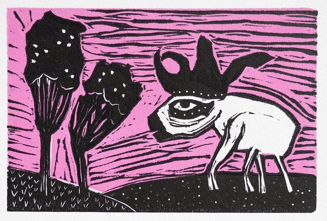 Pink Walk - linocut print