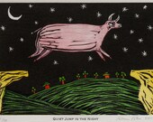 Hand-colored linocut - Quiet Jump in the Night  (limited edition)