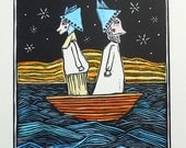 Two Plans - hand-colored linocut print