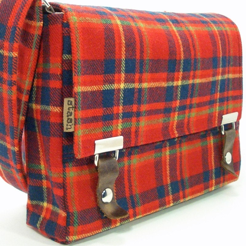 Small messenger with extra pockets  - red , blue and green vintage wool plaid - by stash