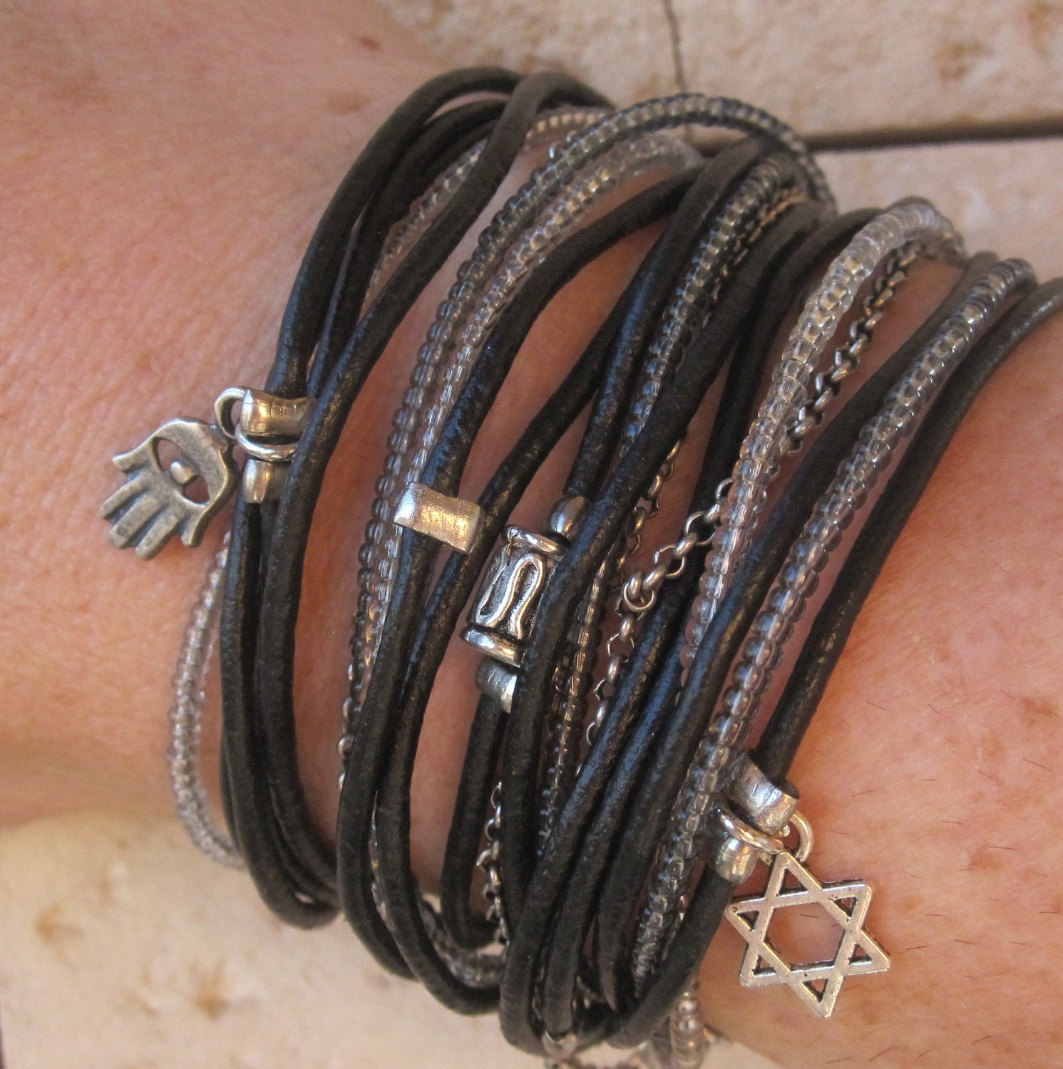 Boho Chic Black Leather Wrap Bracelet with Grey Miyuki Beads