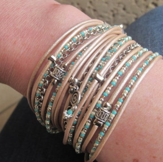 Boho Chic Champagne Leather Wrap Bracelet with Turquoise, Pearl, Silver & Champagne Miyuki Beads