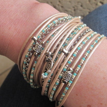 Boho Chic Champagne Leather Wrap Bracelet with Turquoise, Pearl, Silver & Champagne Miyuki Beads