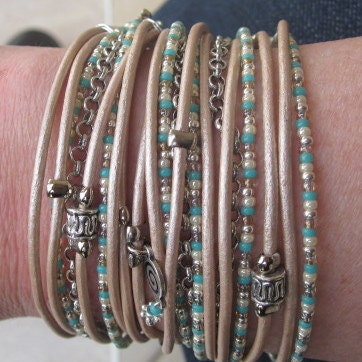 Boho Chic Champagne Leather Wrap Bracelet with Turquoise, Pearl, Silver & Champagne Miyuki Beads