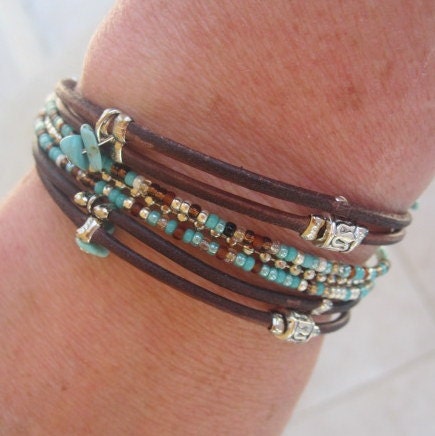 Boho  Beaded Dark Brown Distressed Style Leather Charm Bracelet