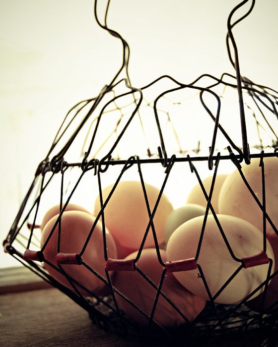 Fresh Farm Eggs - basket of beautiful fresh brown organic eggs, wire basket - janeheller