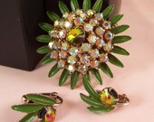 Vintage Rhinestone Brooch and Earring Set - Aurora Borealis Stones - Green Stones