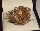 Birds Nest Brooch - Pristine Gold tone pin/brooch with small faux pearls