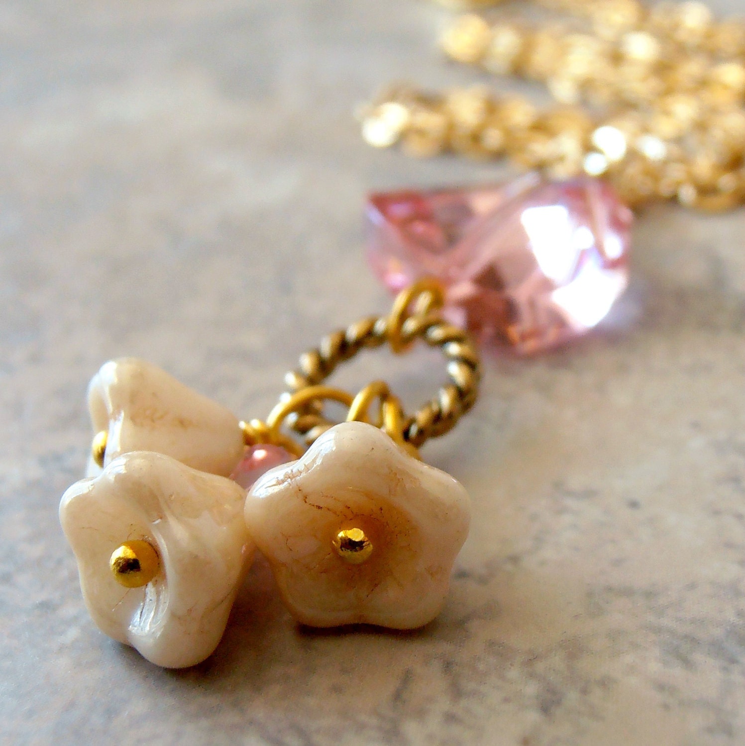 Swarovski Crystal Necklace Pink and Cream Flower Dangles Beaded Jewelry Crystal Twist Pendant Handmade Jewellery