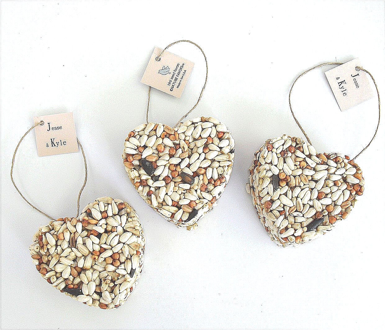50 bird seed heart wedding favors, free personalized tags and table display sign by nature favors