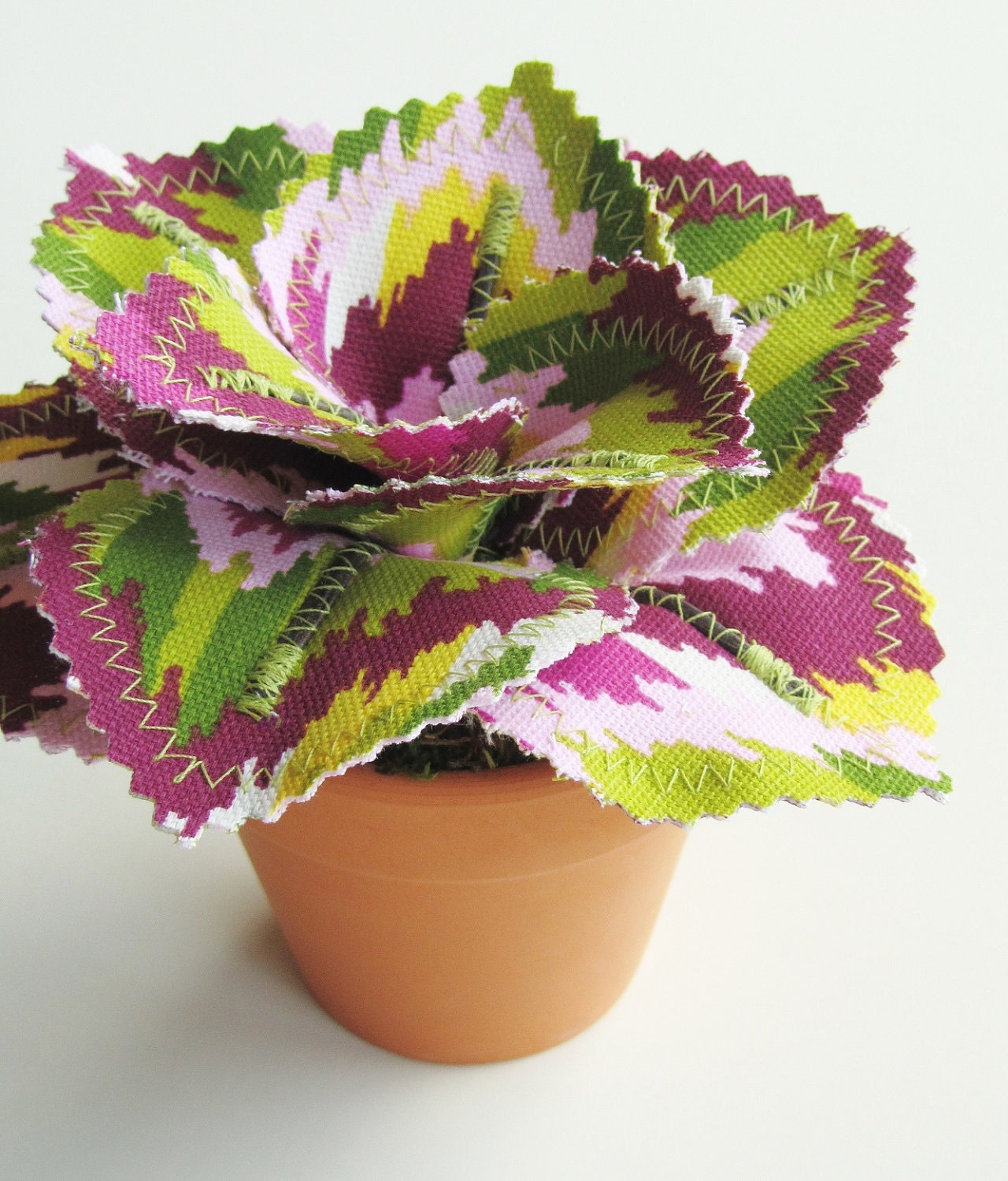 Fabric Leaf Potted Plant - Cranberry Pink Lime Green Ikat Chevron Zigzag Succulent