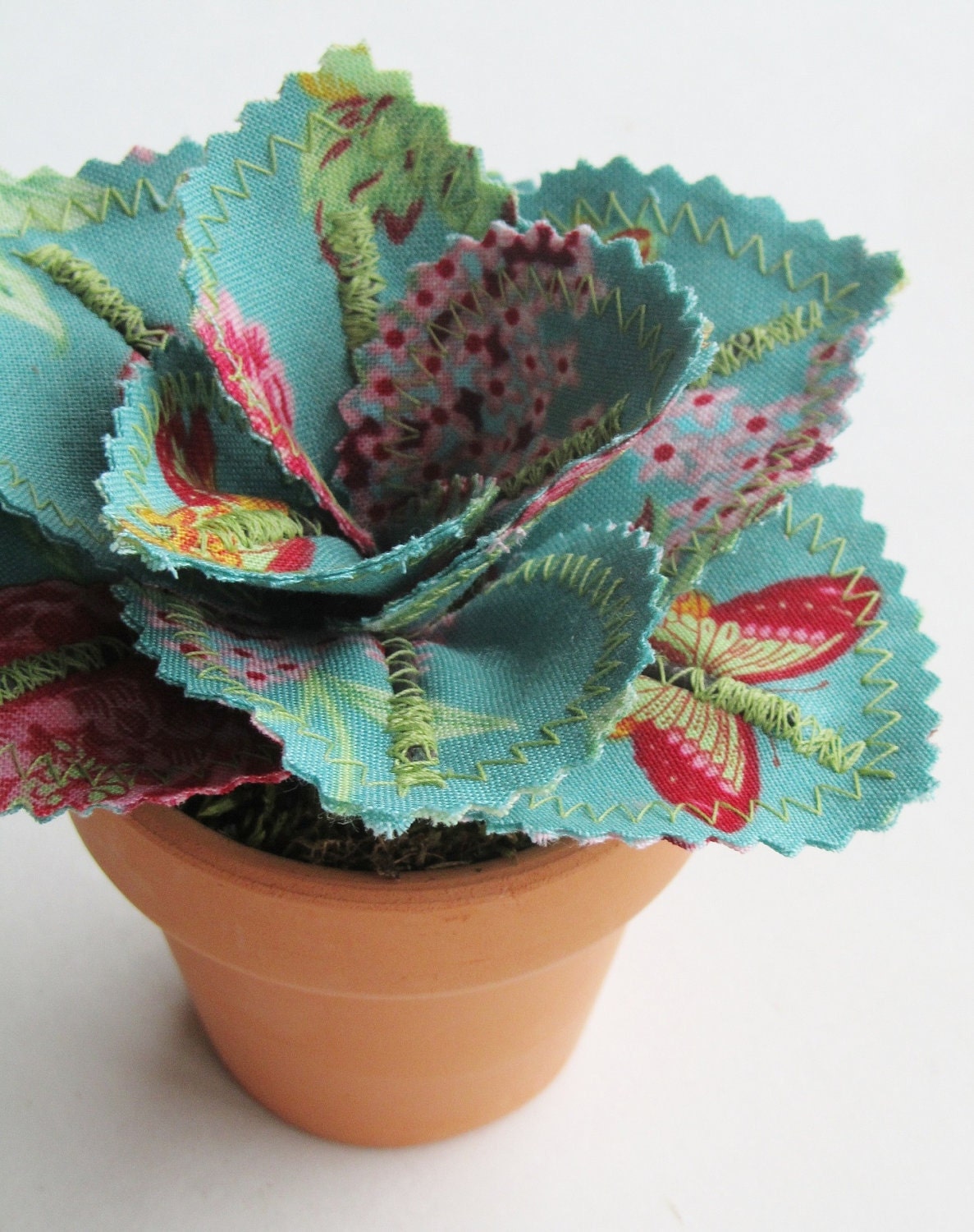 Fabric Leaf Potted Plant - Teal Blue Raspberry Butterfly Floral