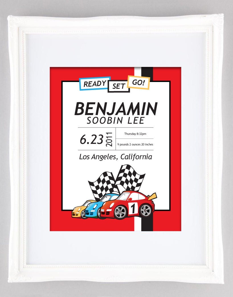 Red Race Car Birth Art Keepsake 8x10, Custom, Printable Il_570xn