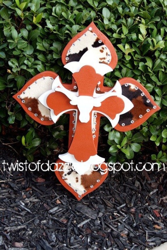 Large University of Texas Cross with Faux Cowhide and Lots of Bling