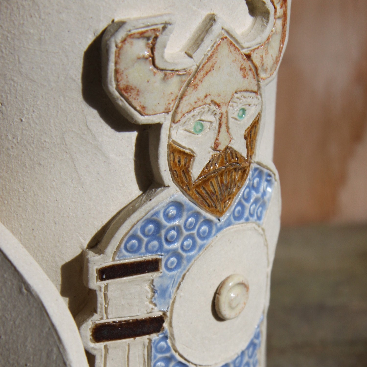 Ceramic Canister Jar w/ Scandinvian Modern Viking Man and recycled glass knob