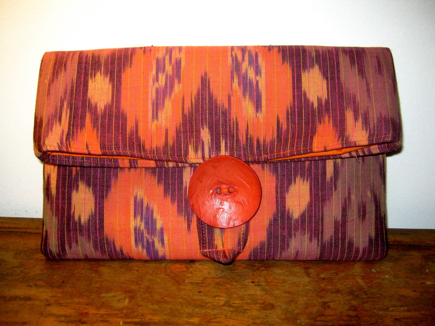 Orange Fold Over Clutch,  Ikat  tribal, Womans Fashion