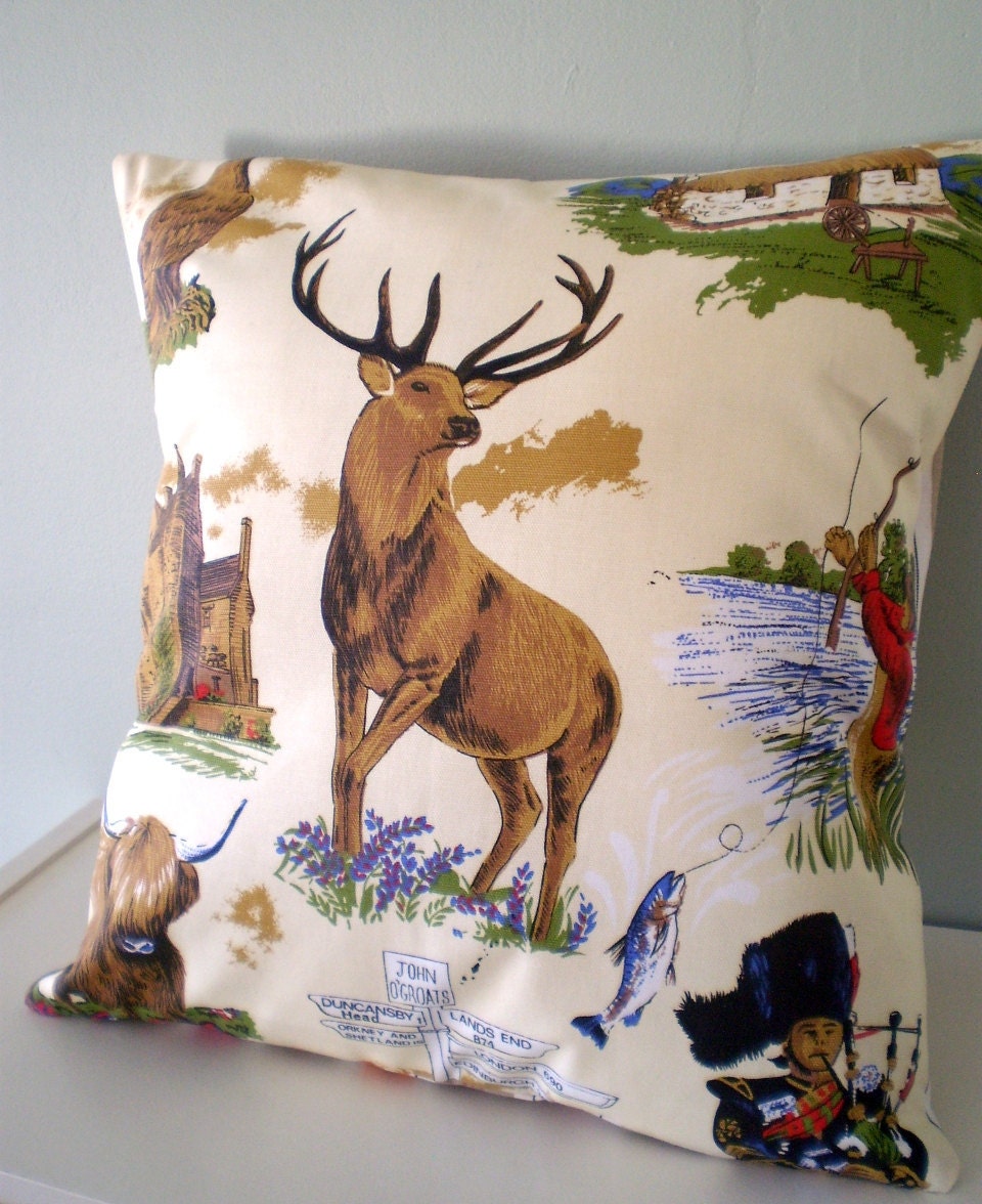 OOAK Stag deer Cushion / Pillow cover Upcycled Teatowel