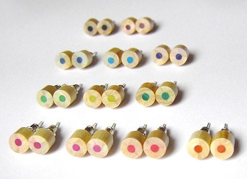 The entire set of naked wood color pencil ear studs, green, blue and black series (set of 12 pairs)