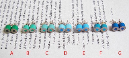 color pencil ear studs, the green and blue series, handmade in England