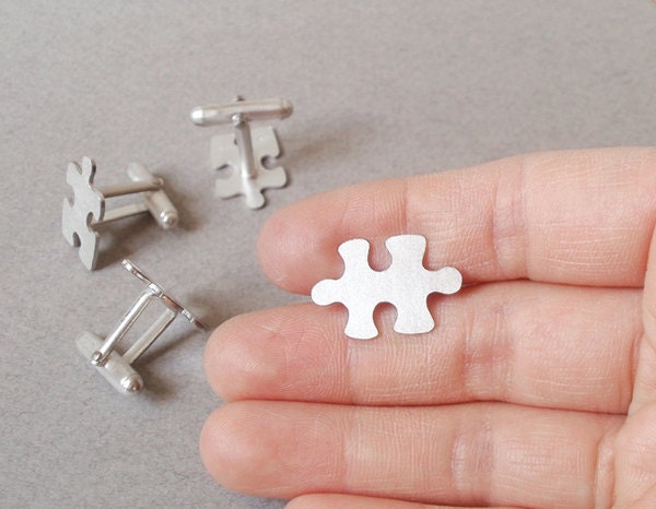 Jigsaw puzzle cufflinks in sterling silver for him, handmade in the UK, 1 pair