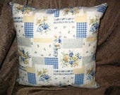 New French Country Shabby Chic Cottage 14in square Blue Green Yellow Roses Floral Quilted Look Decorator Throw Pillow