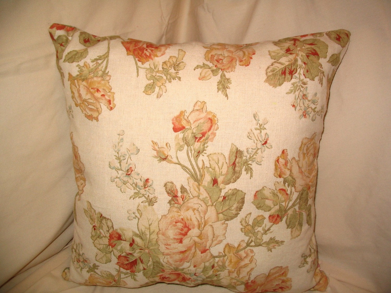 Rose Water OOAK Linen Shabby Chic Roses Designer Decorator Throw Pillow
