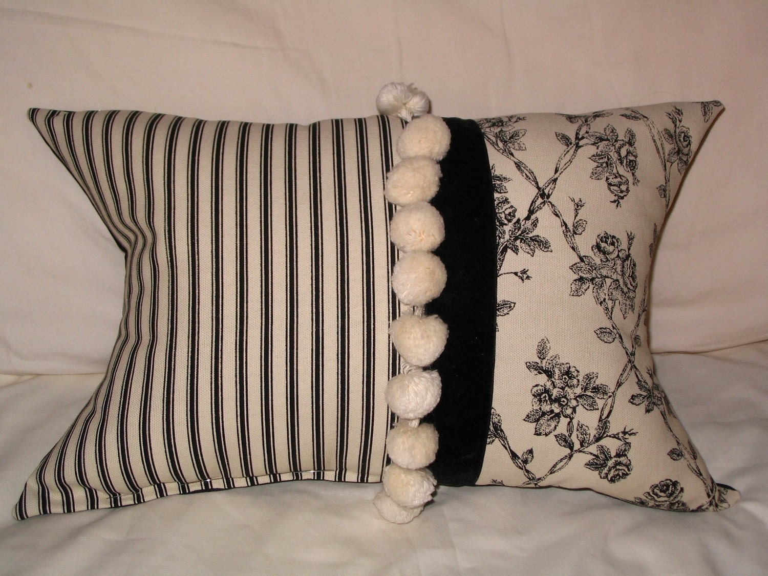French Country Shabby Cottage Victorian Waverly Timeless Ticking Roses Black Ivory Bow Tie Designer Decorator Accent Throw Pillow Cushion