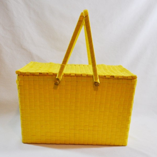 Bright yellow woven plastic picnic basket by deEpoca on Etsy