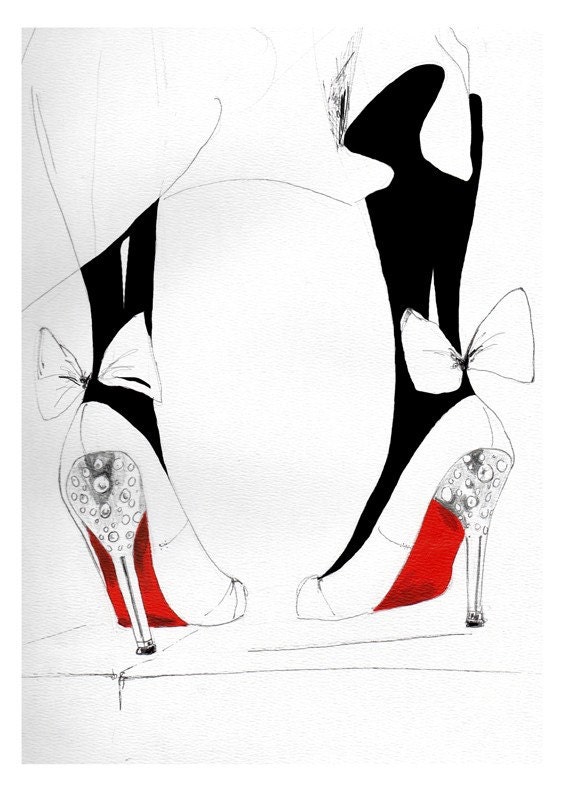 Watercolor Fashion Illustration shoes black and red art print