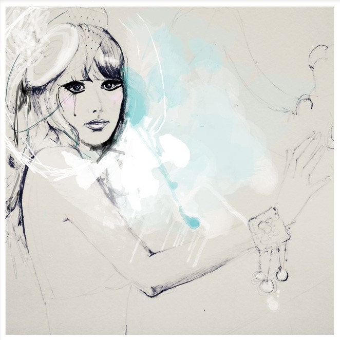 Fashion illustration, blue, white,  pale cream, girl, shabby chic