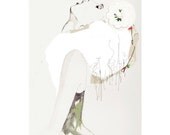 fashion illustration pale cream white green girl print vintage shabby chic