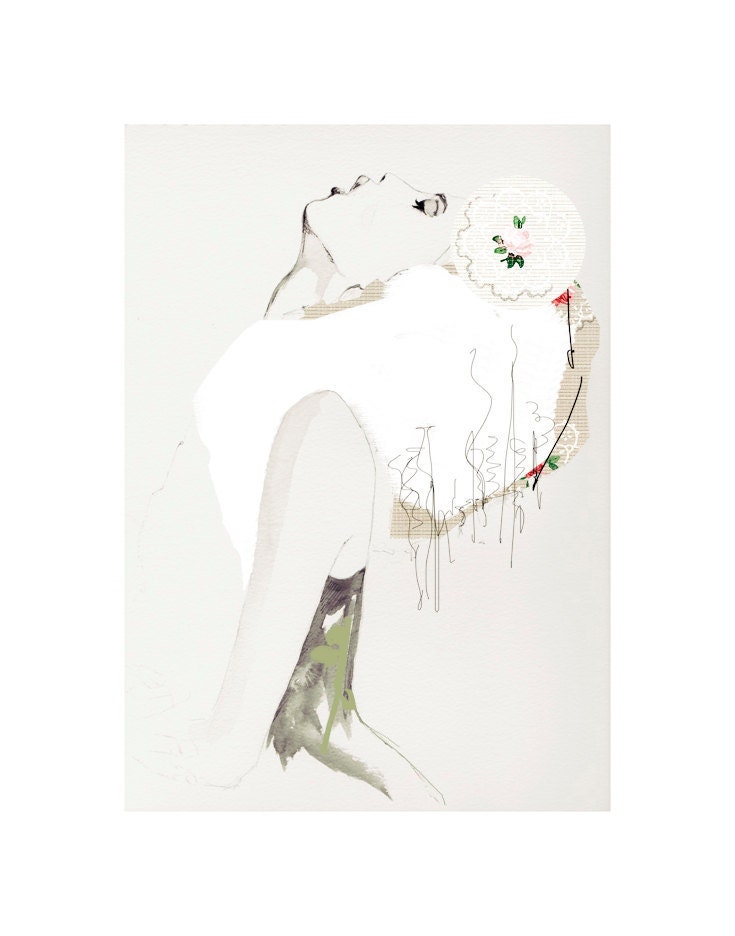 fashion illustration pale cream white green girl print vintage shabby chic