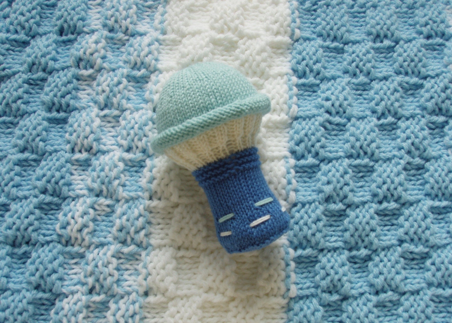 Bouncing Baby Boy Handknit Blanket and Rattle Gift Set