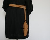 double wrap leather belt with hanging feather - CAMEL