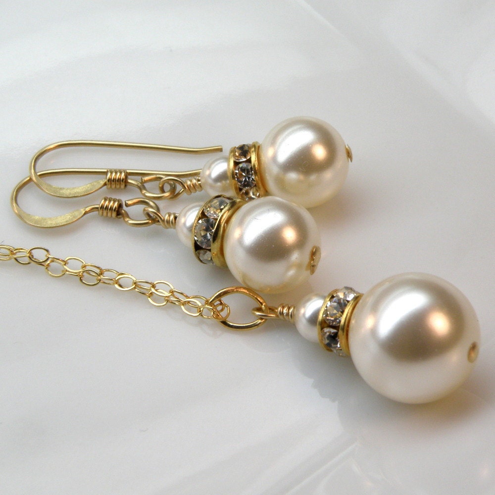 Ivory Pearl Jewelry, Bridesmaid Necklace and Earrings, Gold Filled, Wedding Party Gift, Handmade Bridal Jewelry