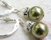 Drop Pearl Earrings, Green, Sterling Silver, Handmade Jewelry
