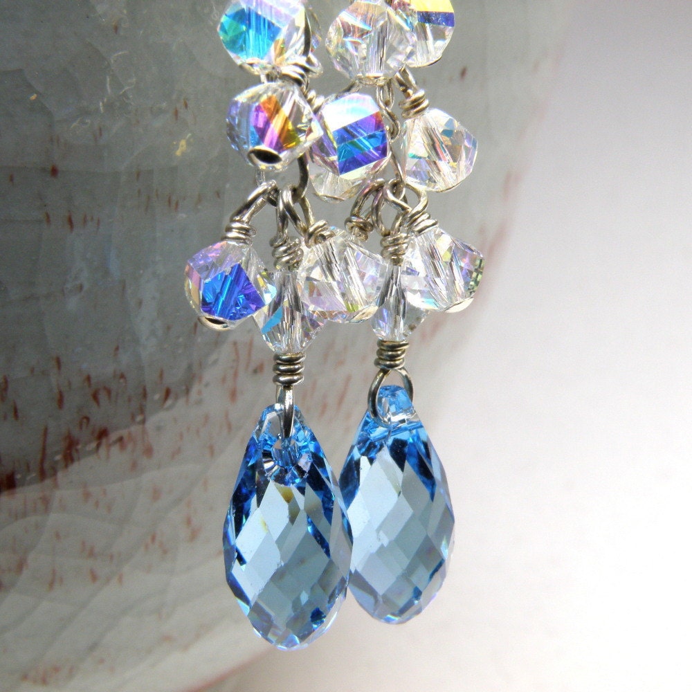 Blue Topaz Crystal Earrings, Sterling Silver, Something Blue, Dangle, Bridal, Wedding, Custom, Handmade Jewelry, March Birthday