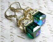 Emerald Green Crystal Earrings, Champagne, Gold, Dangle, Wedding, Bridesmaid, Handmade Jewelry, May Birthday